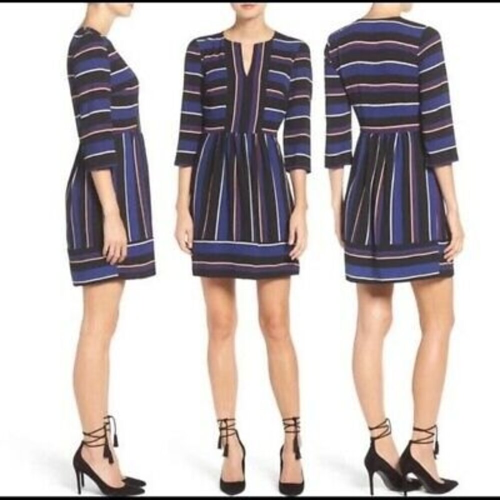 Charles Henry Shift Dress Size S Split Neck 3/4 Sleeve Striped Crepe EUC B77
